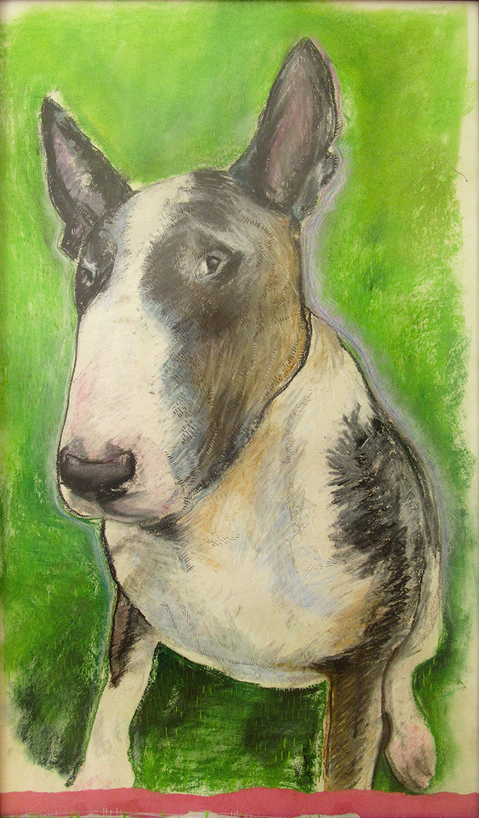 mixed media portrait of an English Bull Terrier