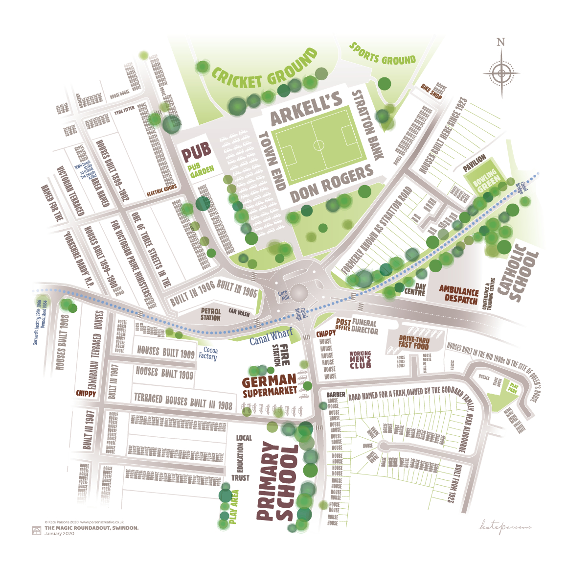 typhgraphic map of swindon magic roundabout with heritage elements